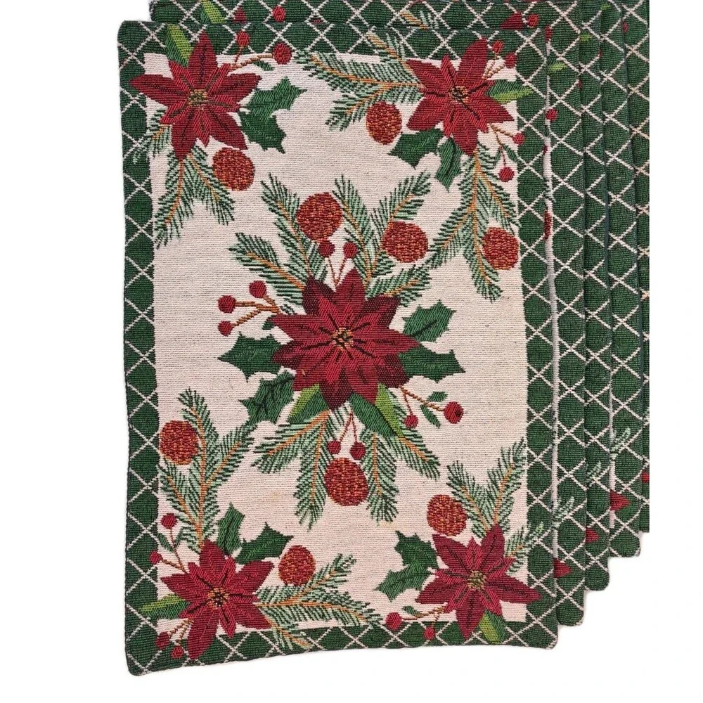 Poinsettia And Berries Embroidered Table Placemats Christmas Winter Family